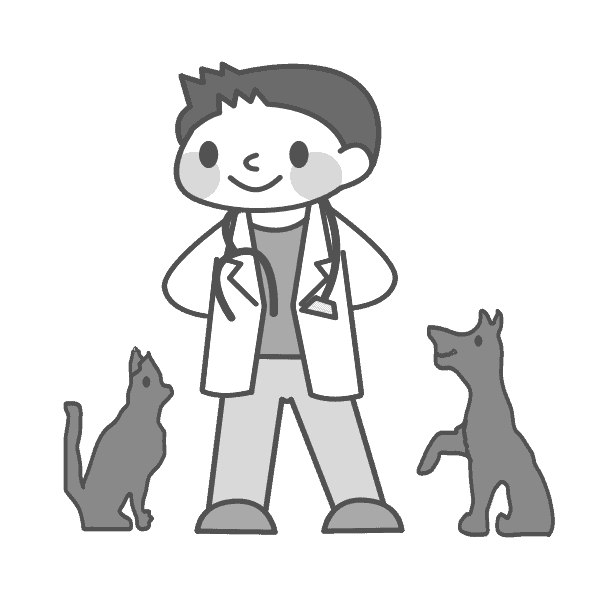 A cartoon illustration of a veterinarian standing with a cat and a dog.