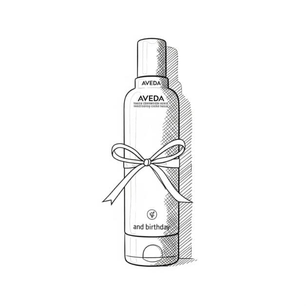 Black and white line art illustration of an Aveda hair product bottle, featuring a decorative ribbon tied around it like a gift, with the words 'and birthday' at the bottom, suggesting a special occasion or gift set.