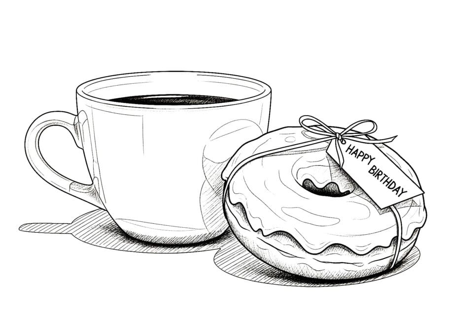 Black and white line art illustration of a full coffee mug next to an iced donut. The donut is tied with a string and a gift tag that reads 'Happy Birthday', suggesting a sweet birthday treat or breakfast in bed.