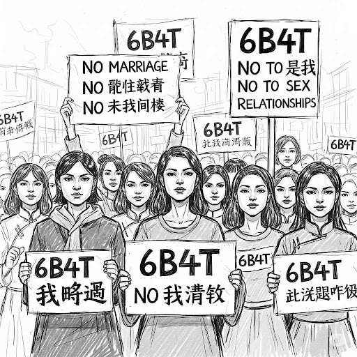 A black-and-white illustration of a group of women, with determined expressions, holding protest signs in a street. The signs feature the text "6B4T," with some signs including phrases in both English and Korean such as "NO MARRIAGE," "NO SEX RELATIONSHIPS," "NO TO SELF," and other similar feminist slogans.