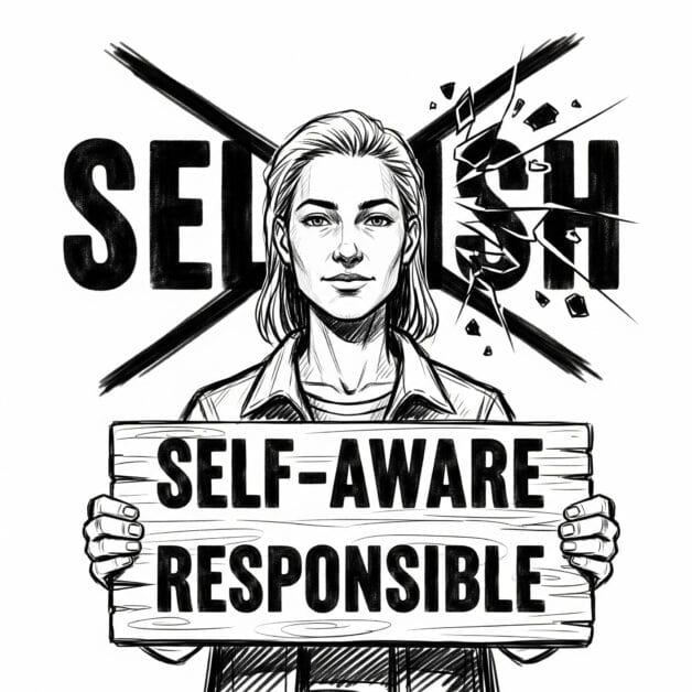 A black-and-white illustration of a person holding a sign that reads "SELF-AWARE RESPONSIBLE." Behind the person, the word "SELFISH" is shown with a large 'X' through it, and the last part of the word is shattered, suggesting the breaking of a negative label.