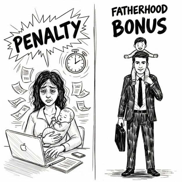 A black-and-white political cartoon divided into two panels. The left panel, titled "PENALTY," shows an exhausted mother with a baby, working on a laptop with bills and a clock flying around her head. The right panel, titled "BONUS," shows a smiling, well-dressed father with a briefcase and a happy child on his shoulders.