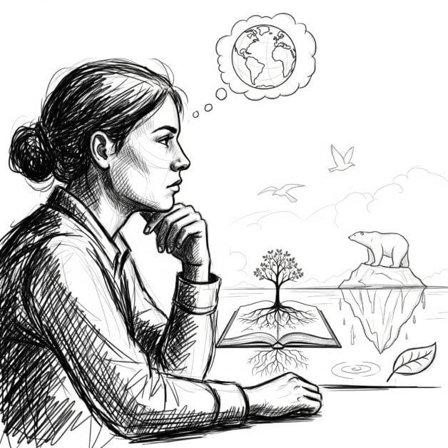 A black-and-white illustration of a person in profile, thoughtfully resting their chin on their hand. A thought bubble above their head contains a drawing of the Earth. On the table in front of them, a book is open with a tree growing out of it, its roots spreading across the pages. Further away, a polar bear stands on a melting ice floe in the water, with a single floating leaf and flying birds in the background.