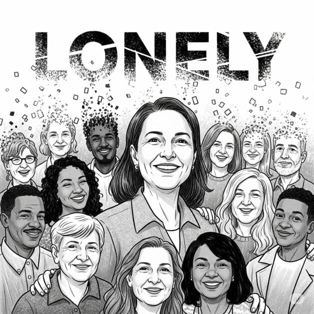 A black-and-white illustration of a diverse group of smiling people clustered together, with a woman at the center who is smiling confidently. Above the group, the word "LONELY" is shown, breaking apart into small pieces, symbolizing that loneliness is being overcome through community and connection.