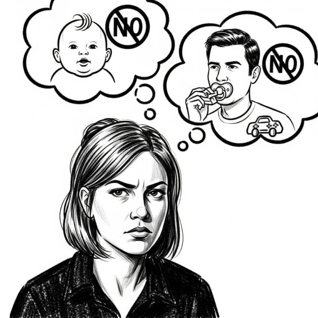 A black-and-white illustration of a woman with a serious, determined expression. Two thought bubbles hover above her head. The left bubble shows a baby with a "NO" symbol over it. The right bubble shows a man with a pacifier in his mouth and a "NO" symbol over him, symbolizing that she is choosing a child-free life and rejecting the idea of a partner who behaves like a child.