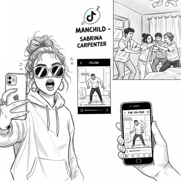 A black and white sketch showing various scenes related to the song "Manchild" by Sabrina Carpenter. A woman takes a selfie in the foreground, and other panels show a group of friends and a man doing a viral dance on a smartphone screen.