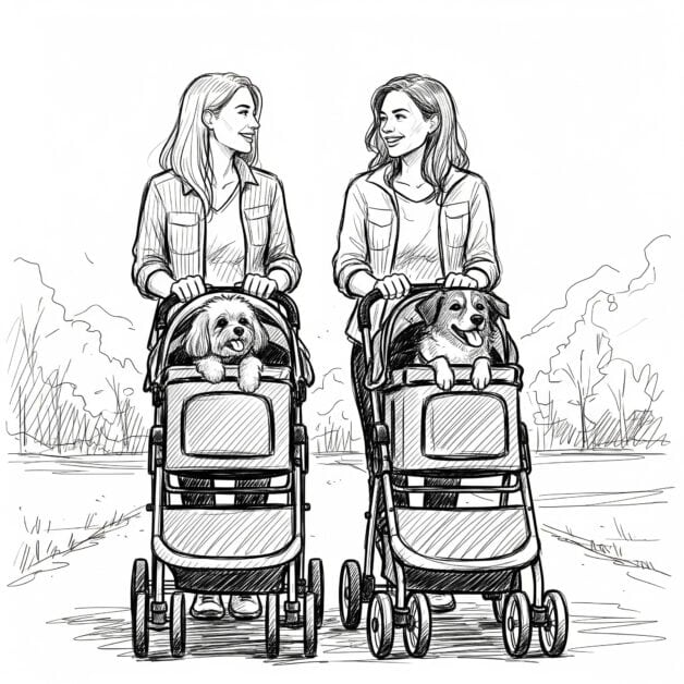 A black-and-white sketch of two women smiling and walking on a path while pushing their dogs in strollers.