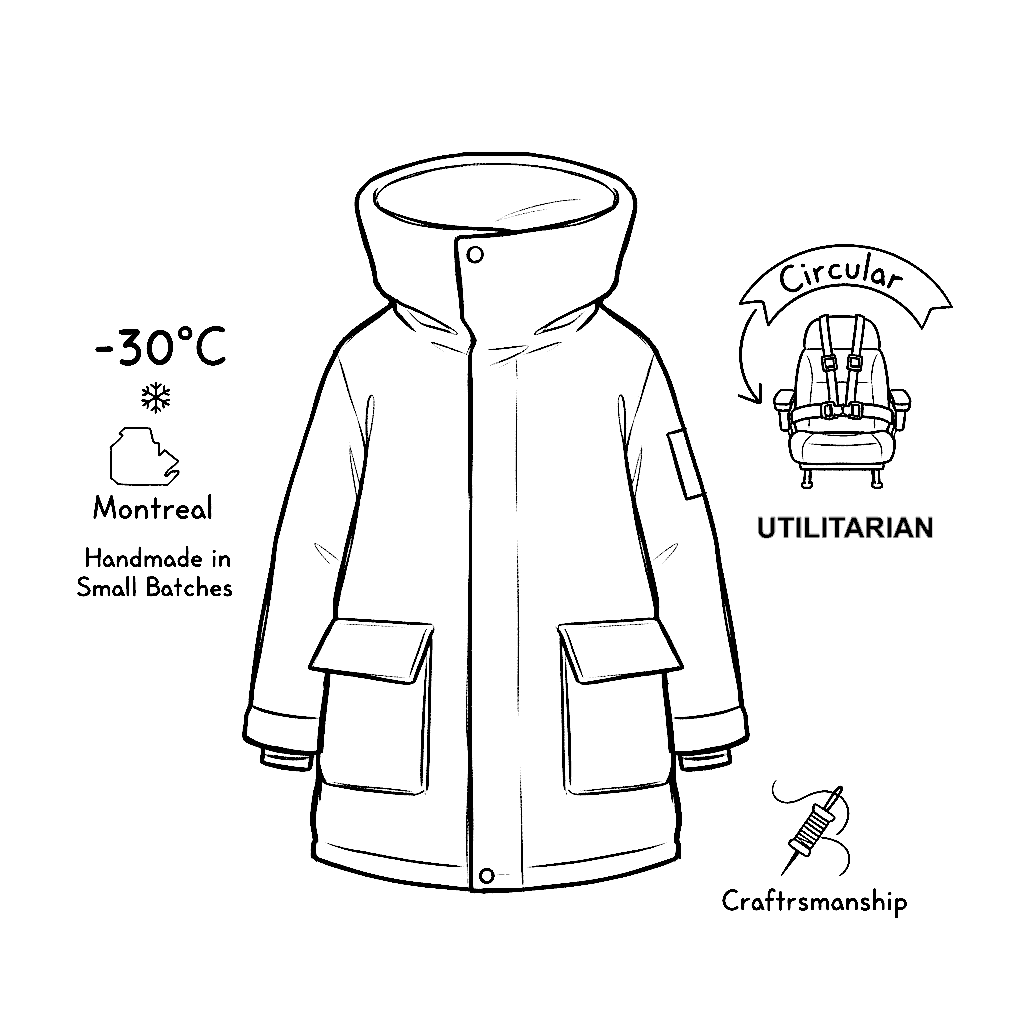 A black and white sketch of a BEDI Studios winter parka, featuring icons for -30°C, Montreal, upcycled airline seats and seat belts, a circular economy, and the phrases