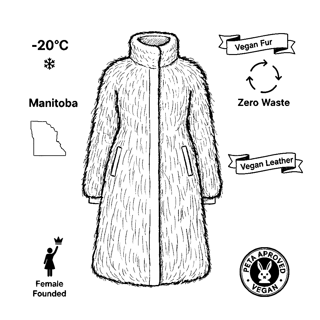 A black and white sketch of a Freed & Freed vegan fur coat, featuring icons for -20°C, Manitoba, zero waste, female-founded, vegan fur, vegan leather, and a PETA Approved Vegan symbol.