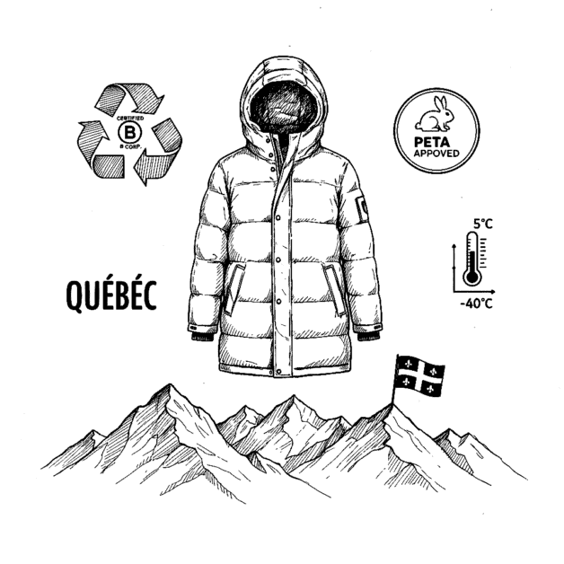 A hand-drawn sketch of a Norden Project winter coat, surrounded by symbols representing its core values: a certified B Corp recycling logo, a PETA-approved vegan icon, the word