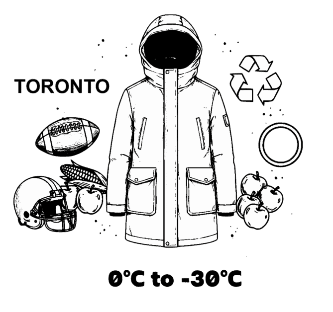 Simple black and white sketch of a Wuxly winter coat surrounded by Canadian symbols like a football, corn, and apples, with a recycling symbol and temperature range of 0°C to -30°C.