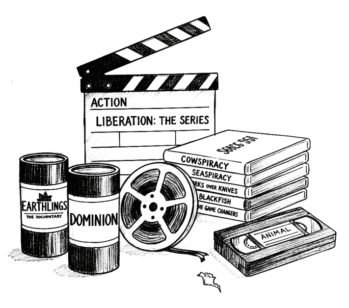 Black and white sketch depicting a collection of media related to animal rights activism, including film reels, a clapperboard titled "LIBERATION: THE SERIES," VHS tapes, and DVD cases featuring titles like "EARTHLINGS," "DOMINION," "COWSPIRACY," and "BLACKFISH."