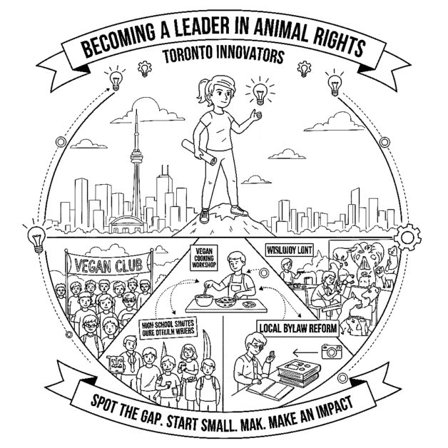 A black and white sketch representing the concept of becoming a leader and innovator in Toronto's animal rights movement. The central image is a single lit lightbulb, symbolizing a new idea or mission. This lightbulb is held up by a hand that emerges from a map of the Greater Toronto Area (GTA). Various tools are clustered around the lightbulb, including a magnifying glass (for spotting gaps), a pen/notepad (for laying groundwork and planning), and a gear (representing organizational structure). In the background, there is a clear distinction between a crowd of people following a path (existing groups) and a single figure stepping onto a new, separate path leading toward the lightbulb, illustrating leadership and niche-finding. Banners read "BECOMING A LEADER IN ANIMAL RIGHTS" and "INNOVATE, ORGANIZE, AND FILL THE GAP."