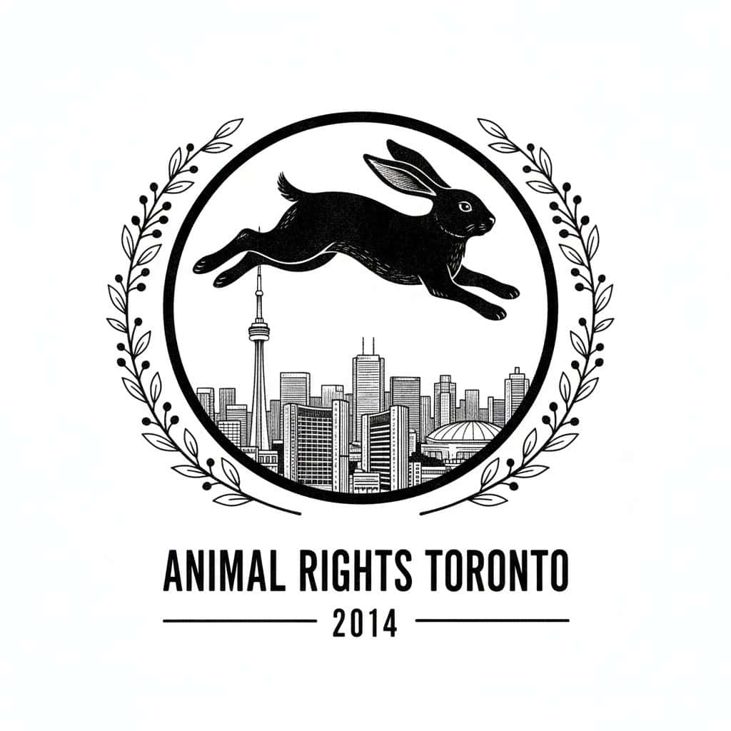 Black and white line art sketch for Animal Rights Toronto (ART) featuring a leaping black bunny against the Toronto skyline (CN Tower, Rogers Centre) inside a circle of leaves, symbolizing freedom and local activism.