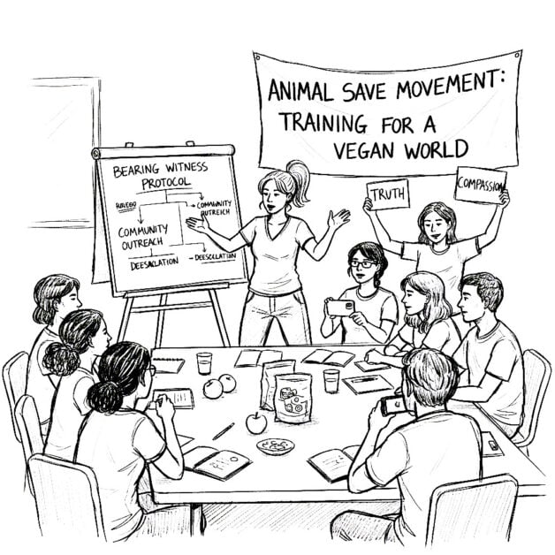 Black and white sketch of two Animal Save Movement activists in a training session, with one wearing an "Animal Save Movement" shirt, studying resources at a table to prepare for a vigil.