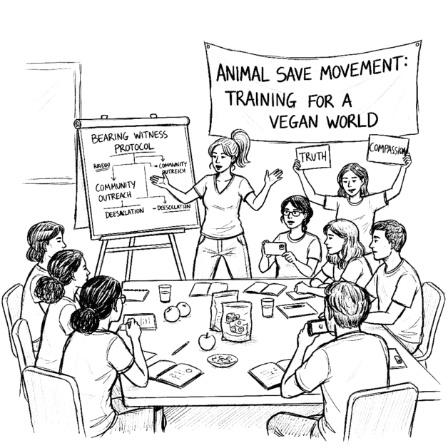 Black and white sketch of two Animal Save Movement activists in a training session, with one wearing an "Animal Save Movement" shirt, studying resources at a table to prepare for a vigil.