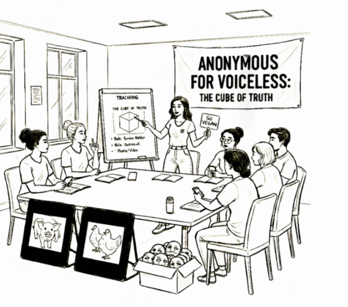 Black and white sketch depicting Anonymous for the Voiceless activist training. People gather around a table, with screens showing animal imagery and a banner for "Anonymous for the Voiceless: The Cube of Truth" visible.