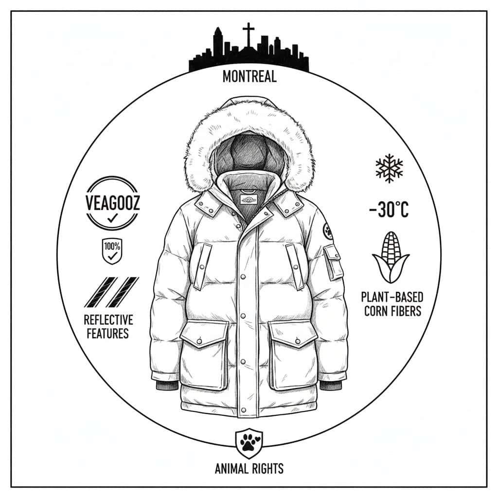 Black and white sketch of a Boida VEGAGOOZ parka with corn-fiber insulation and a -30°C rating, surrounded by Montreal and Animal Rights icons.