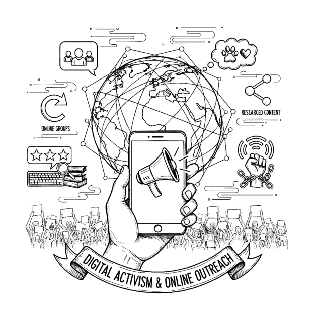 Black-and-white sketch of a hand holding a smartphone with a megaphone on the screen, superimposed over the globe and a crowd, illustrating digital activism, online outreach, and social change.