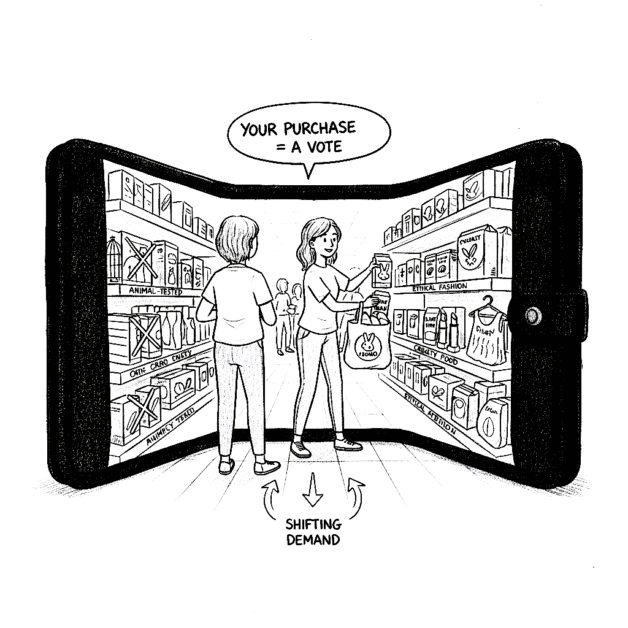 Black and white sketch depicting a shopper in a store, making ethical choices. Shelves are marked "Cruelty-Free," "Ethical Fashion," and "Vegan Food." A thought bubble reads "YOUR PURCHASE = A VOTE," illustrating how consumer decisions shift demand.