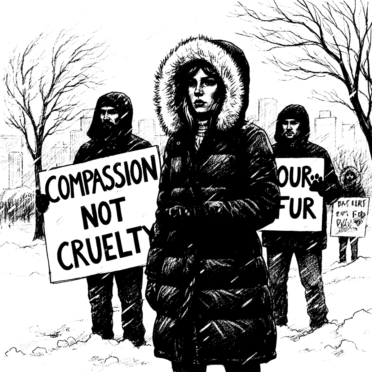 Black and white sketch of a woman in a NOIZE parka with a faux fur hood protesting anti-fur in a blizzard, holding a sign that says "COMPASSION NOT CRUELTY." Other protestors with signs are in the background.