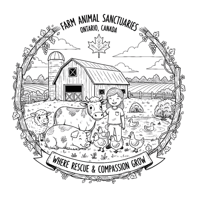 A charming black and white sketch illustrating an idyllic farm animal sanctuary in Ontario, Canada. In the foreground, a smiling child gently interacts with various happy farm animals, including a cow, a pig, a sheep, and several chickens. In the background, there's a traditional barn, a silo, fenced pastures, and a pond with ducks, all under a sky with clouds. A Canadian maple leaf is subtly placed above the barn. The scene is framed by a circular border of leafy vines and grapes. Banners at the top and bottom read "FARM ANIMAL SANCTUARIES ONTARIO, CANADA" and "WHERE RESCUE & COMPASSION GROW."
