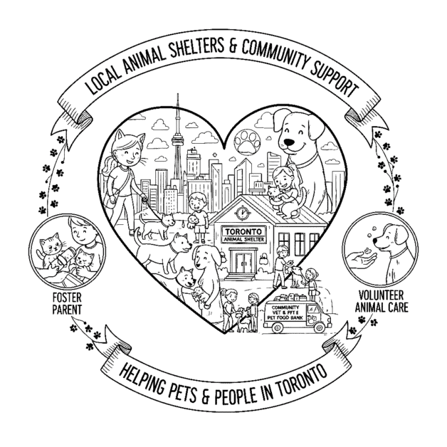 A black and white sketch illustrating local animal shelters and community support in Toronto. The central image features a large heart shape encompassing a diverse scene: a "TORONTO ANIMAL SHELTER" building, people walking dogs, cuddling cats, and interacting with various pets. The Toronto skyline, including the CN Tower, is visible in the background. Around the heart are smaller circular vignettes depicting key activities: a person fostering kittens, another person providing direct animal care, and a community outreach van labeled "COMMUNITY VET & PET FOOD BANK." The design is framed with paw prints and floral elements, and banners read "LOCAL ANIMAL SHELTERS & COMMUNITY SUPPORT" and "HELPING PETS & PEOPLE IN TORONTO."