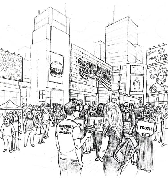 Black and white sketch of an Anonymous for the Voiceless "Cube of Truth" demonstration at Toronto's Yonge-Dundas Square. Activists in Guy Fawkes masks hold laptops displaying "Truth" signs. Pedestrians, some looking sad or interested, walk by the demonstration in the busy city backdrop.