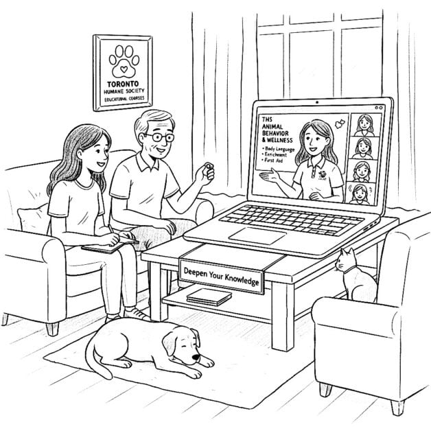 Black and white sketch of two people (likely pet parents or volunteers) at home with their dog and cat, watching an online "Animal Behavior & Wellness" course from the Toronto Humane Society on a laptop. The course covers topics like body language and enrichment.