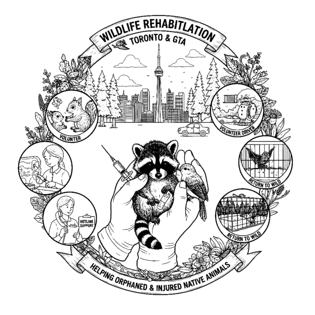 A simple black and white sketch illustrating wildlife rehabilitation in the Toronto area. The central image features a caring human hand gently releasing a small bird or bat into the air, symbolizing release back into the wild. Around the main action, several native Toronto-area wild animals are depicted, including a raccoon, a squirrel, and a songbird. In the background, there is a subtle blend of the Toronto skyline (e.g., the CN Tower) merging with a dense, leafy forest, representing the intersection of urban and natural environments. A first-aid cross and a syringe are subtly integrated to denote medical care. Banners at the top and bottom state "TORONTO WILDLIFE REHABILITATION" and "RESCUE, CARE, RELEASE, CONSERVATION."