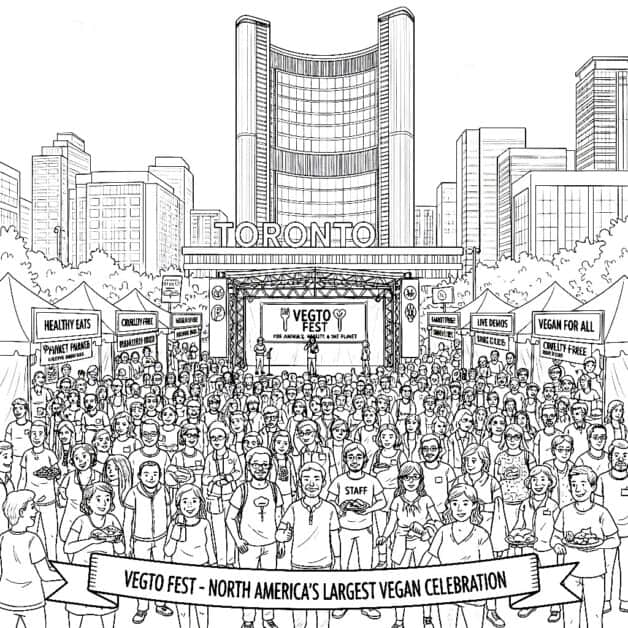 Black and white illustration of Nathan Phillips Square (Toronto) filled with a diverse, dense crowd under a "VegTO Fest" banner, symbolizing the mass-market accessibility and normalization of vegan living.