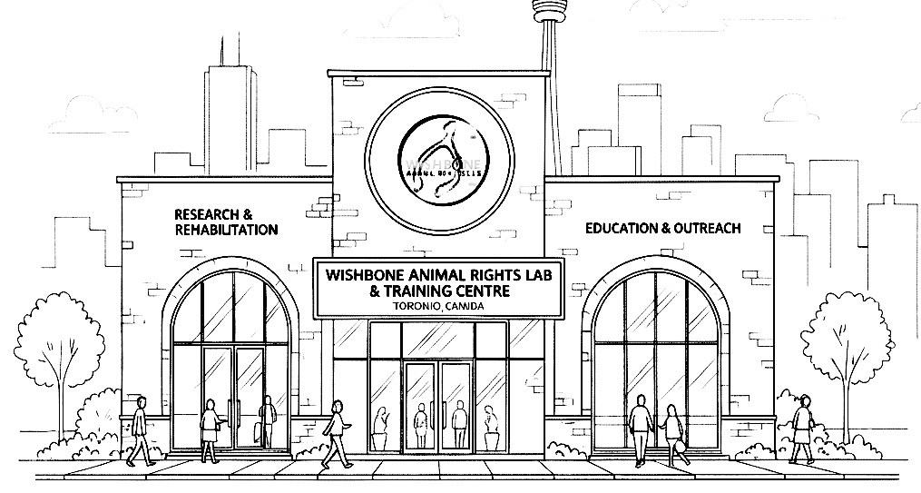 Black and white sketch of the Wishbone Animal Rights Lab & Training Centre in Toronto, featuring a close-up view of the facility with the CN Tower visible in the background. The building sign includes the Wishbone logo.