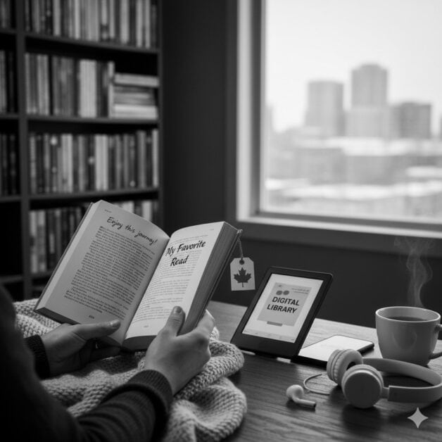 Black-and-white-photo-person-reading-a-physical-book-with-a-bookmark-saying-My-Favorite-Read-beside-an-e-reader-headphones-and-coffee.