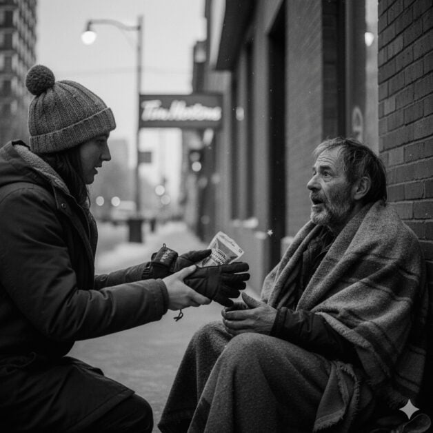 Black-and-white-photo-a-person-in-a-winter-hat-offers-gloves-and-a-care-package-to-a-person-experiencing-homelessness-on-a-city-street.