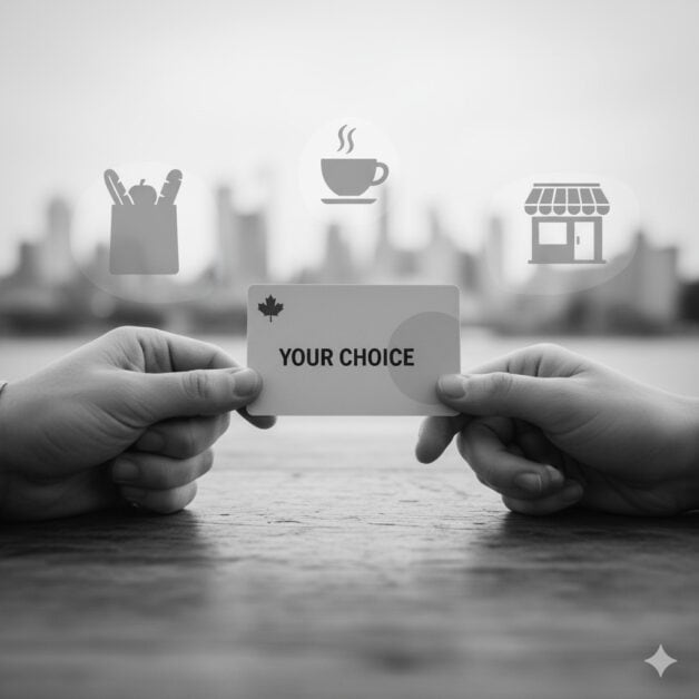 Black-and-white-image-hands-holding-a-gift-card-with-a-maple-leaf-and-text-Your-Choice-icons-for-groceries-coffee-and-shops-blurred-cityscape-background.