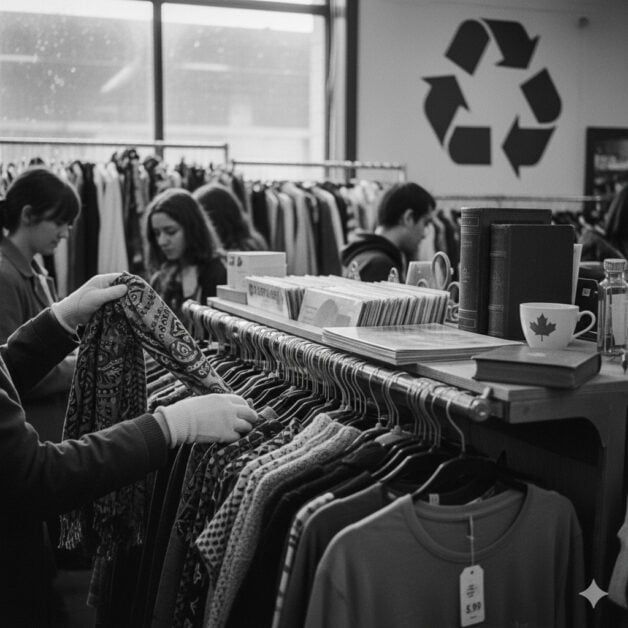 Black-and-white-photo-hands-browsing-a-rack-of-vintage-clothing-in-a-thrift-store-setting-promoting-sustainable-consumption.