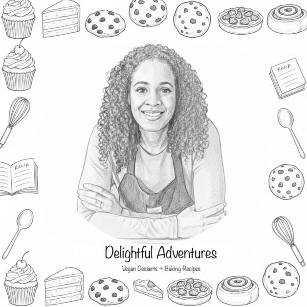 Black and white sketch of Gwen Leron, the creator of Delightful Adventures, framed by a border of vegan baked goods and baking tools. The text reads: "Delightful Adventures - Vegan Desserts + Baking Recipes."