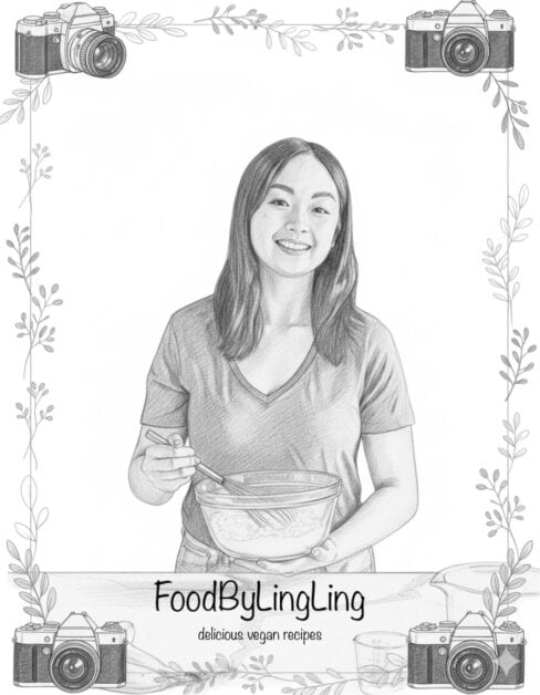 Black and white sketch of food blogger LingLing, mixing ingredients with a whisk, surrounded by a minimalist border of plant vines and four photography cameras in the corners. The image includes the title "FoodByLingLing: delicious vegan recipes."