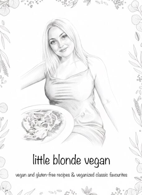Black and white sketch of Kat, The Little Blonde Vegan, holding a plate of a veganized classic favourite (like pizza or a flatbread), framed by a minimalist border of eucalyptus leaves and gluten-free grains.
