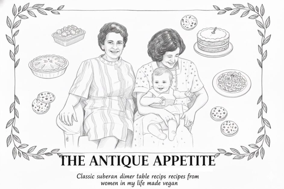 Simple black and white sketch of Jessica Ford, founder of The Antique Appetite, with the text: "THE ANTIQUE APPETITE: classic suburban dinner table recipes from the women in my life made vegan."