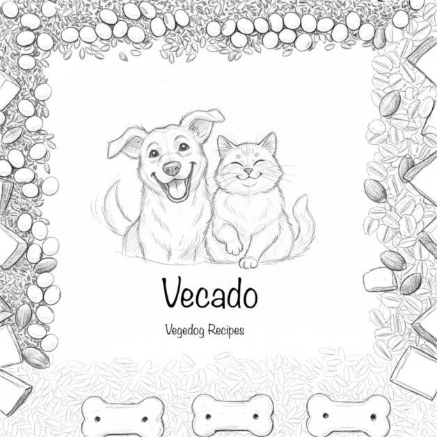 Rough black and white sketch featuring a happy dog and a happy cat, symbolizing the complete and balanced plant-based nutrition provided by Vecado's VegeDog supplement. The image includes the text "Vecado VegeDog Recipes" surrounded by vegan pet food ingredients such as soy beans, flaxseed, oatmeal, sweet potato, pumpkin, rice, lentils, and kibble.