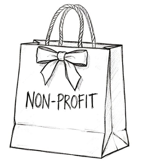 A black and white line drawing of a paper shopping bag with a decorative bow on the front and the word "NON-PROFIT" written across the center.