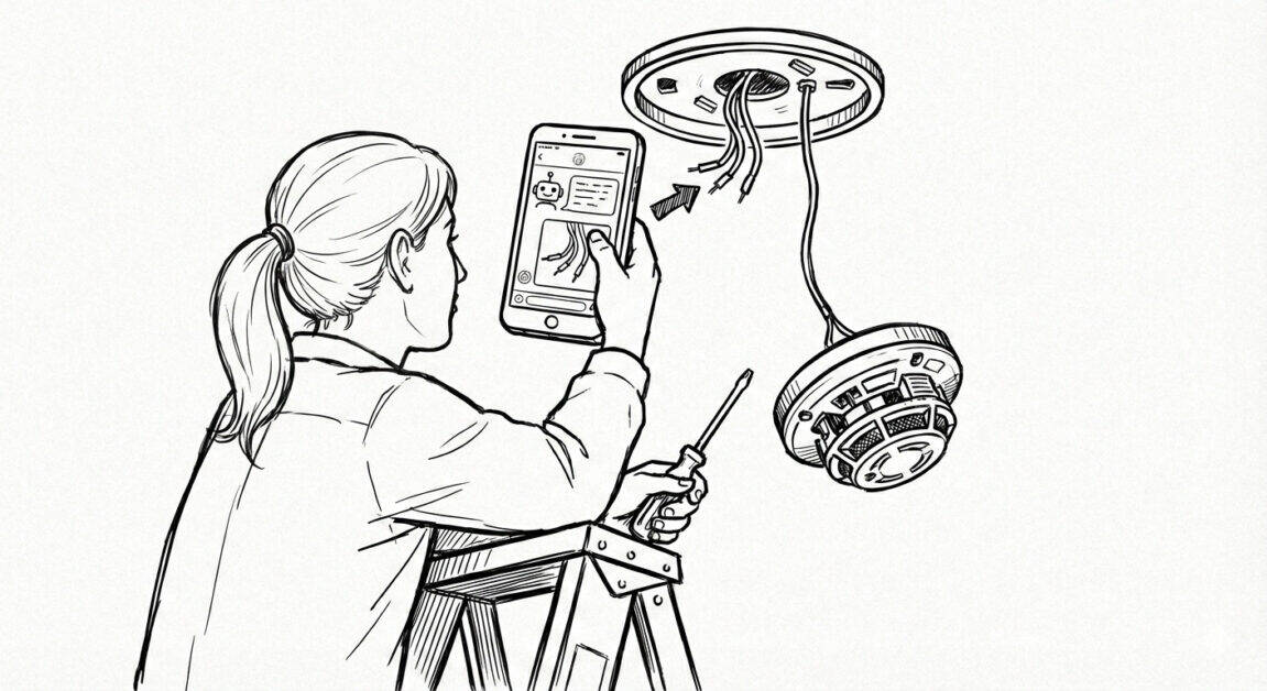 Black and white line drawing of a woman standing on a ladder installing a ceiling smoke detector. She is holding a smartphone up to the wires, using an AI chat interface on the screen to identify the correct wiring connections for the installation.