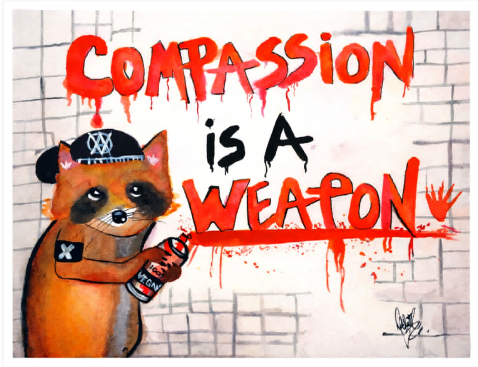 Graffiti of a raccoon holding a spray can with the message 'Compassion is a Weapon'.