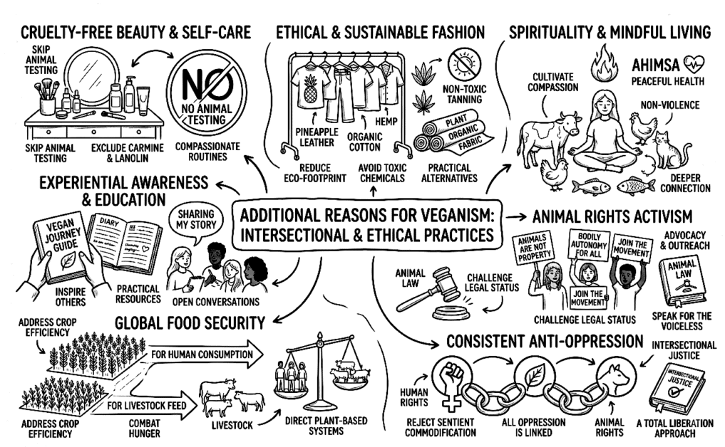 Infographic highlighting veganism benefits, ethical practices, and sustainable food choices.