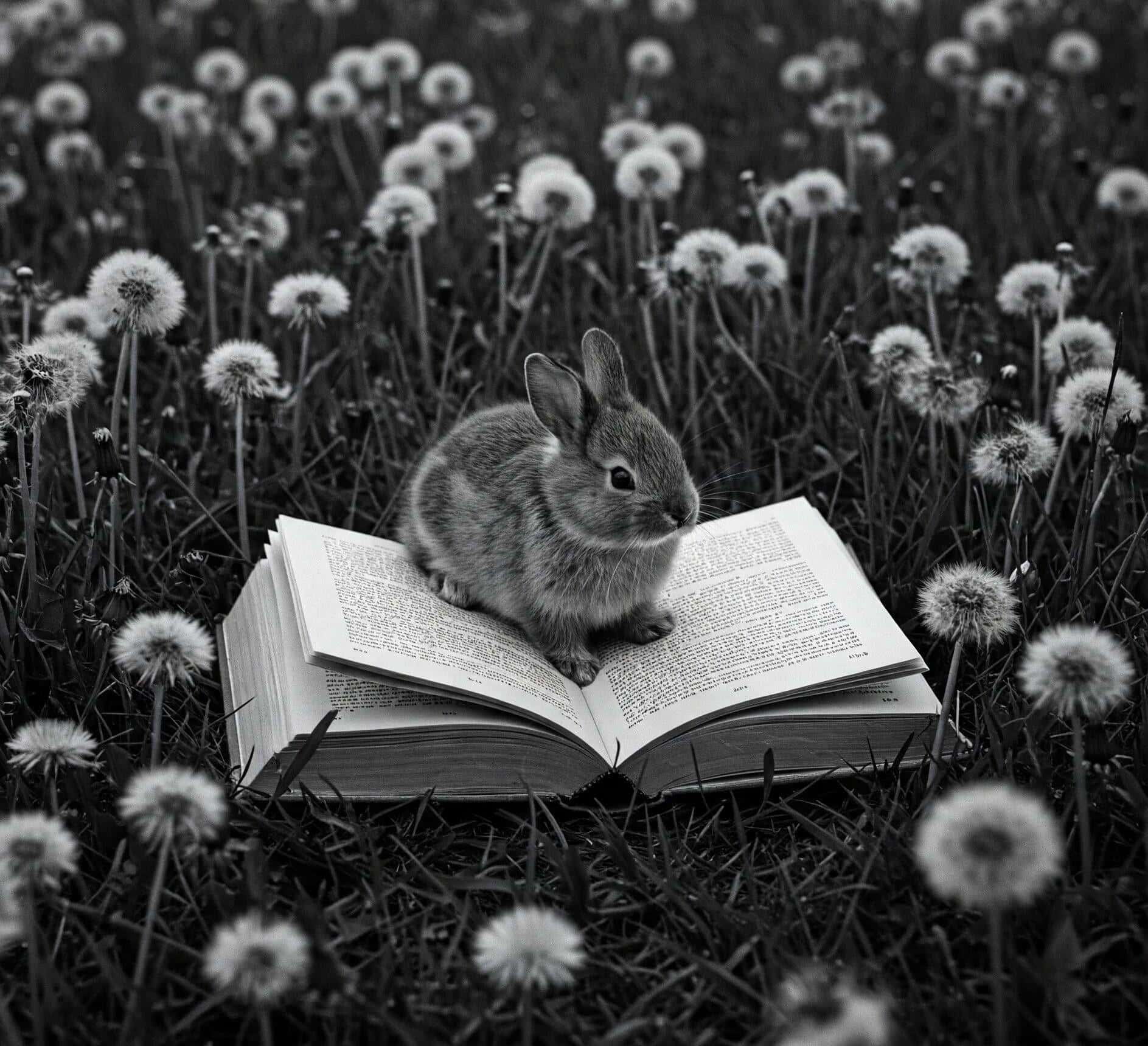 Black and white photograph of a small rabbit perched on an open book, surrounded by a field of dandelions.