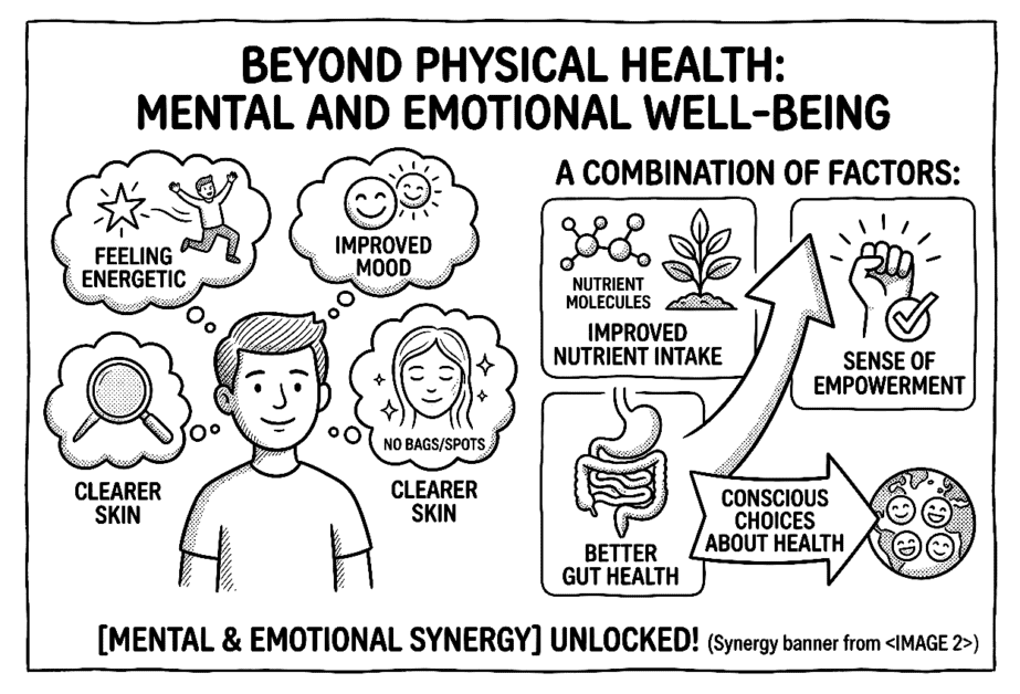 Infographic on mental and emotional benefits of a vegan diet and gut health.