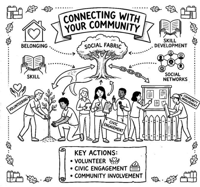 Illustration of community members engaging in volunteer, civic, and social activities.