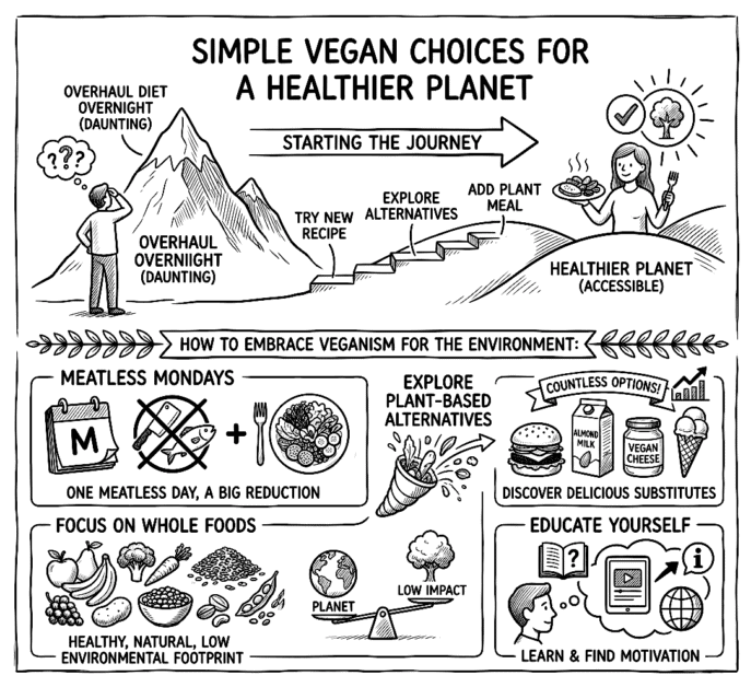 Illustration of vegan options and eco-friendly choices for a healthier planet.