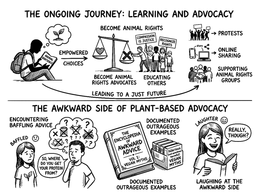 Illustration of learning and advocacy for animal rights and vegan education.